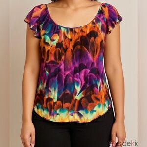 Worthington Purple Orange Feather Print Flutter Sleeve Boho Gypsy Lined Top SZ M